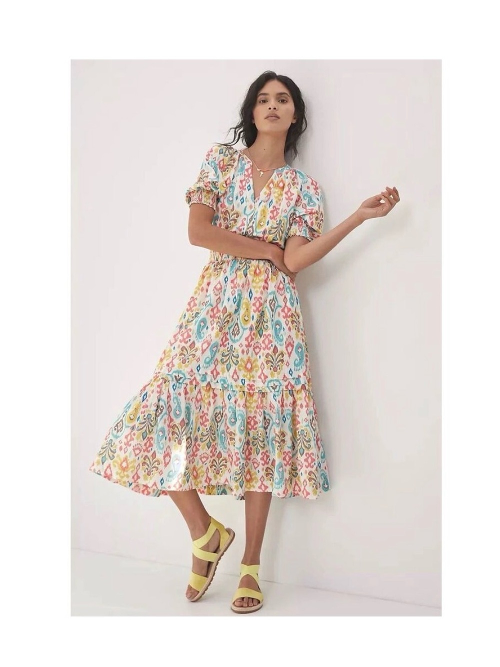 by Anthropologie Felipa Boho Ikat Tiered Maxi Dress Medium Short Puff Sleeves M